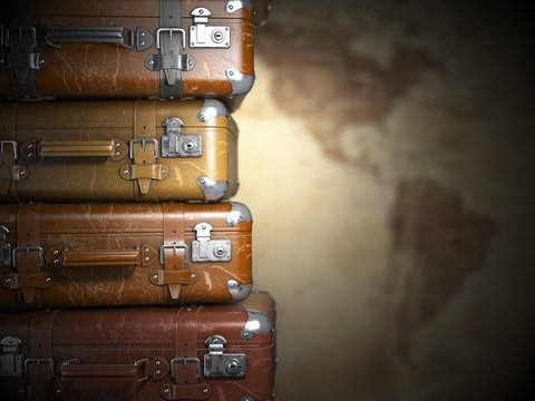 Vintage suitcases on the map of America background.Turism travel concept.