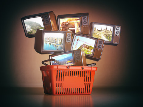 Shopping backet and old TV sets with different channels on the screens. Advertising tv channels concept.