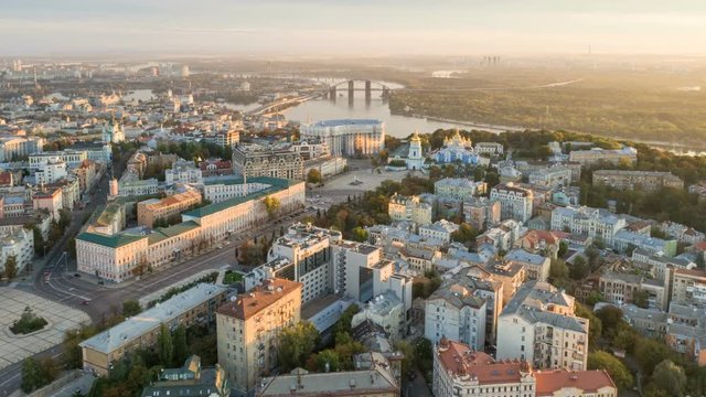 Kiev (Kyiv), Ukraine. Aerial hyperlapse of Kiev old town at sunrise. High quality shot, 4K