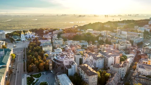 Sunrise aerial view of Kiev (Kyiv) city center, Ukraine.  High quality hyperlapse, UHD