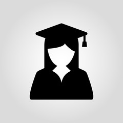 Graduate girl in square cap or hat with tassel vector icon. Female in mortar hat and graduation academic gown