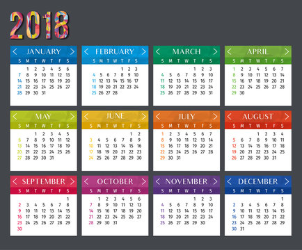 Year 2018 calendar vector template. Modern 2018 calendar. Vector of Calendar 2018 year, 12 month calendar with modern style. Vector template of 2018 calendar