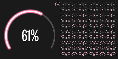 Fototapeta na wymiar Set of circular sector percentage diagrams from 0 to 100 ready-to-use for web design, user interface (UI) or infographic - indicator with neon pink