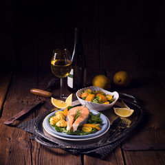 salmon with butter fried potato puree and salad