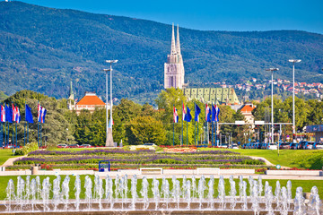 Fountains and cityscape in capital city of Zagreb