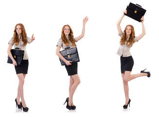 Fototapeta premium Pretty young employee with briefcase isolated on white