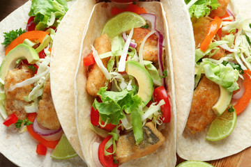 Tasty fish tacos, closeup