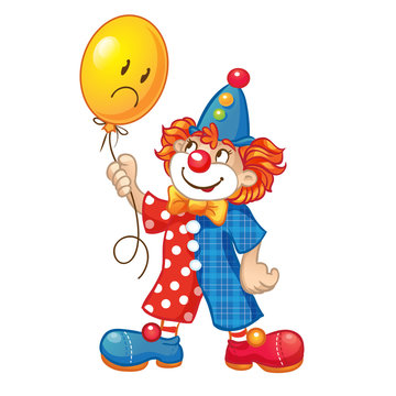 Cartoon clown with yellow balloon. Isolated on a white background. Vector Illustration