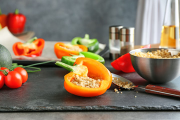 Quinoa stuffed pepper on kitchen table