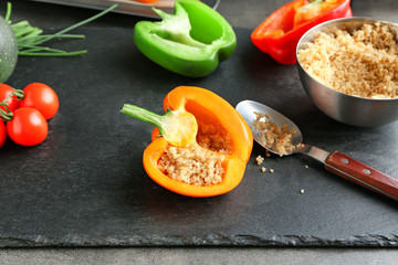 Quinoa stuffed pepper on kitchen table