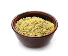 Hemp protein powder in bowl, isolated on white