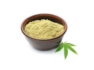 Hemp protein powder in bowl, isolated on white