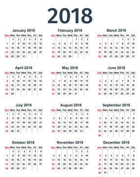 Calendar 2018 year. Week starts Sunday. Vector. Stationery template in minimal design. Yearly calendar organizer.