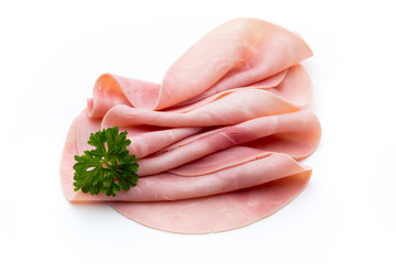 Sliced boiled ham sausage isolated on white background, top view.