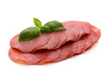 Salami slices isolated on white background.