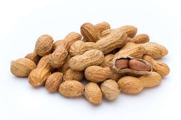 Dried peanuts on the white background.