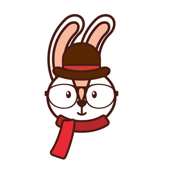 cute rabbit hipster hat scarf and glasses vector illustration