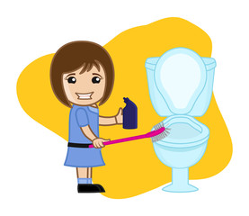 Cute Happy Girl Cleaning Toilet - vector clip-art illustration