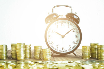 Image Of Coins With Red Fashion Alarm Clock And Gold Necklace For Display Planning Money Financial And Business Accounting Concept, Time Is Money Concept With Clock And Coins, Vintage Color Tone