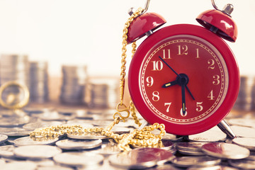 Image Of Coins With Red Fashion Alarm Clock And Gold Necklace For Display Planning Money Financial And Business Accounting Concept, Time Is Money Concept With Clock And Coins, Vintage Color Tone