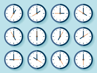 Clock icon set in flat style, timer on blue background. Twelve o'clock. Business watch. Vector design element for you project