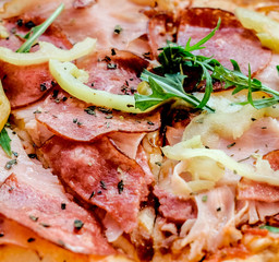 Tasty pizza meat pepperoni close up