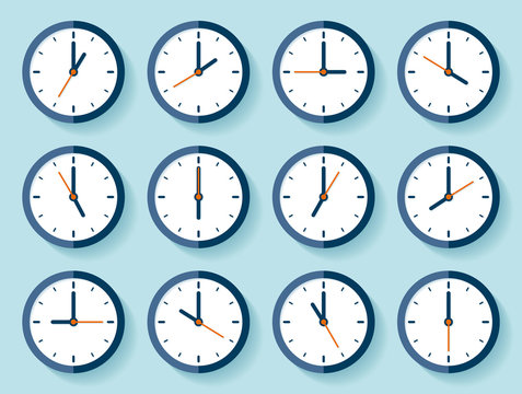 Clock icon set in flat style, timer on blue background. Twelve o'clock. Business watch. Vector design element for you project