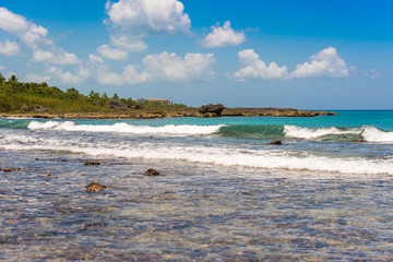 Rocky beach in Bayahibe, La Altagracia, Dominican Republic. Copy space for text.