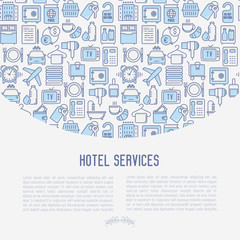 Fototapeta na wymiar Hotel services concept with thin line icons of facilities in room. Vector illustration for banner, web page, print media.