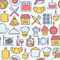 Restaurant concept seamless pattern with thin line icons: chef, kitchenware, food, beverages for menu or print media. Vector illustration for banner, web page.