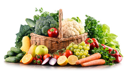 Composition with variety of raw organic vegetables and fruits