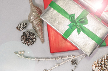 Christmas gifts and decoration top view