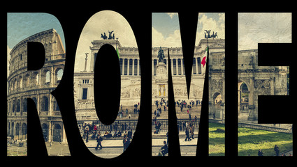 Word Rome from famous roman sights