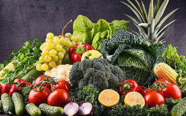 Composition with variety of raw organic vegetables and fruits