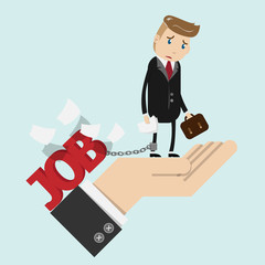 tried businessman in suit work with paperwork in hand , chained to the leg with his job. business man stand on boss hand with sad face. overworking , office syndrome and work like slave concept