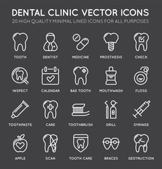 Set of Minimal Dentist Dental Clinic Vector Line Icons. Perfect Pixel. Thin Stroke. 48x48.