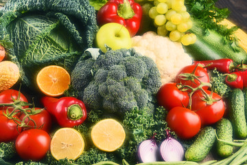 Composition with variety of raw organic vegetables and fruits