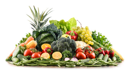 Composition with variety of raw organic vegetables and fruits