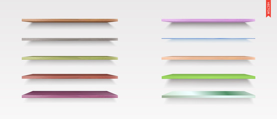 Set of Glass, Wood, Plastic, Metal Shelves in Vector Isolated on the Wall Background