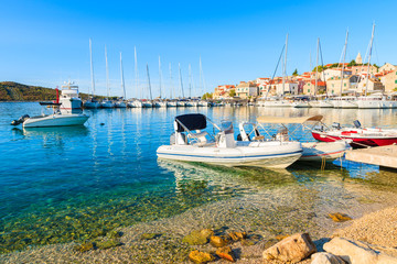 Boats on beach in Primosten port, Dalmatia, Croatia