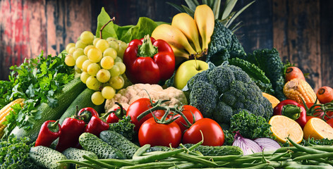 Composition with variety of raw organic vegetables and fruits