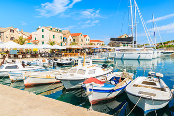 Fototapeta na wymiar Fishing boats in Primosten old town port, Dalmatia, Croatia