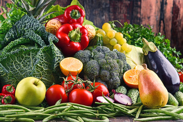 Composition with variety of raw organic vegetables and fruits