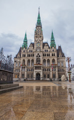 Fototapeta na wymiar The town hall in Liberec on rainy day, Czech Republic