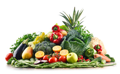Composition with variety of raw organic vegetables and fruits