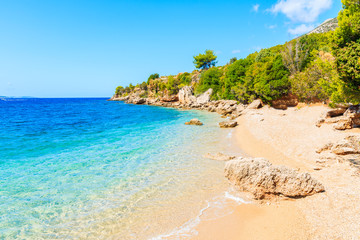 View of beautiful beach near Zlatni Rat at Bol on Brac island in summertime, Croatia