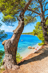 View of beautiful beach near Zlatni Rat at Bol on Brac island in summertime, Croatia