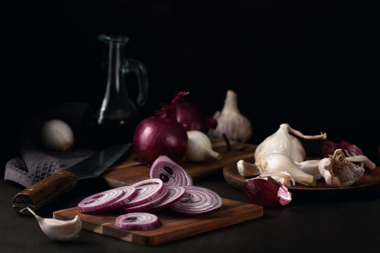 Onion and garlic. Seasonal, organic and healthy food concept. Traditional culinary