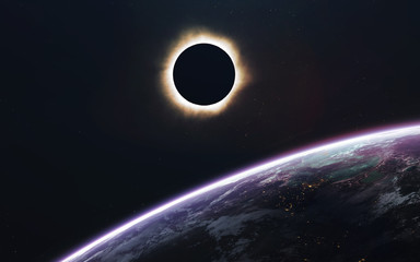 Solar eclipse. Deep space image, science fiction fantasy in high resolution ideal for wallpaper and print. Elements of this image furnished by NASA