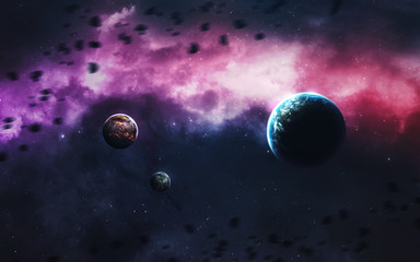 Naklejka na ściany i meble Unexplored planets of faraway space. Deep space image, science fiction fantasy in high resolution ideal for wallpaper and print. Elements of this image furnished by NASA
